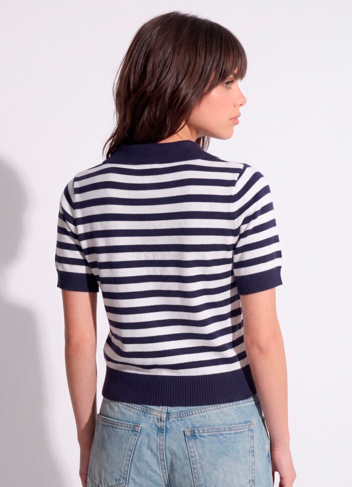 Polo Feminina Marinho Listrada Branco emTricô Modal Viscose Sob - Imagem 5
