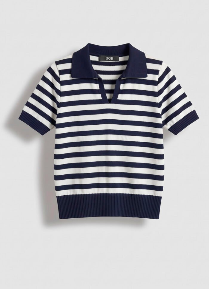 Polo Feminina Marinho Listrada Branco emTricô Modal Viscose Sob - Imagem 6