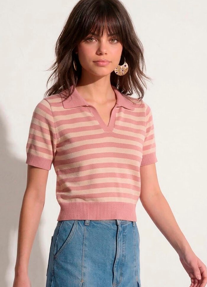 Polo Feminina Rosa Listrada Bege Tricô Modal Viscose Sob - Imagem 2