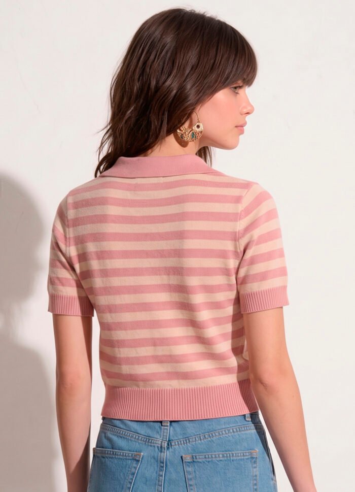 Polo Feminina Rosa Listrada Bege Tricô Modal Viscose Sob - Imagem 5
