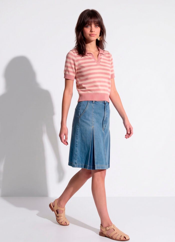 Polo Feminina Rosa Listrada Bege Tricô Modal Viscose Sob - Imagem 4
