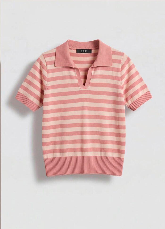 Polo Feminina Rosa Listrada Bege Tricô Modal Viscose Sob - Imagem 3