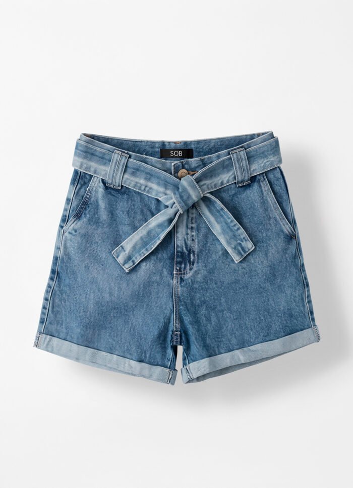 Bermuda Jeans Feminina Curta com Bolso e Faixa Sob - Imagem 6