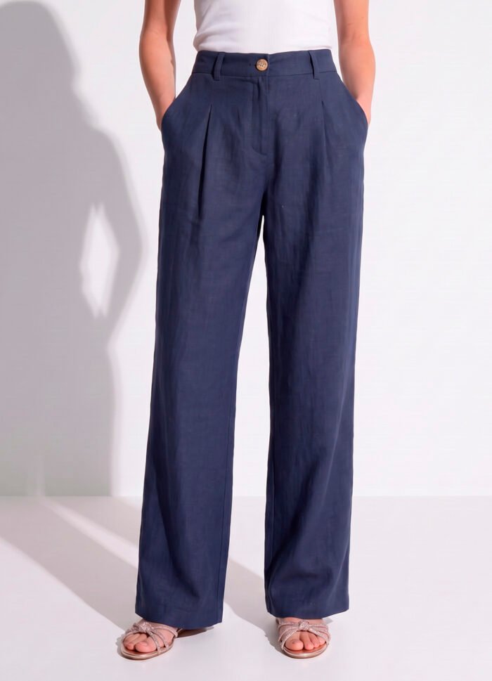 Calça Pantalona Marinho Linho com Prega e Bolso Sob - Imagem 2