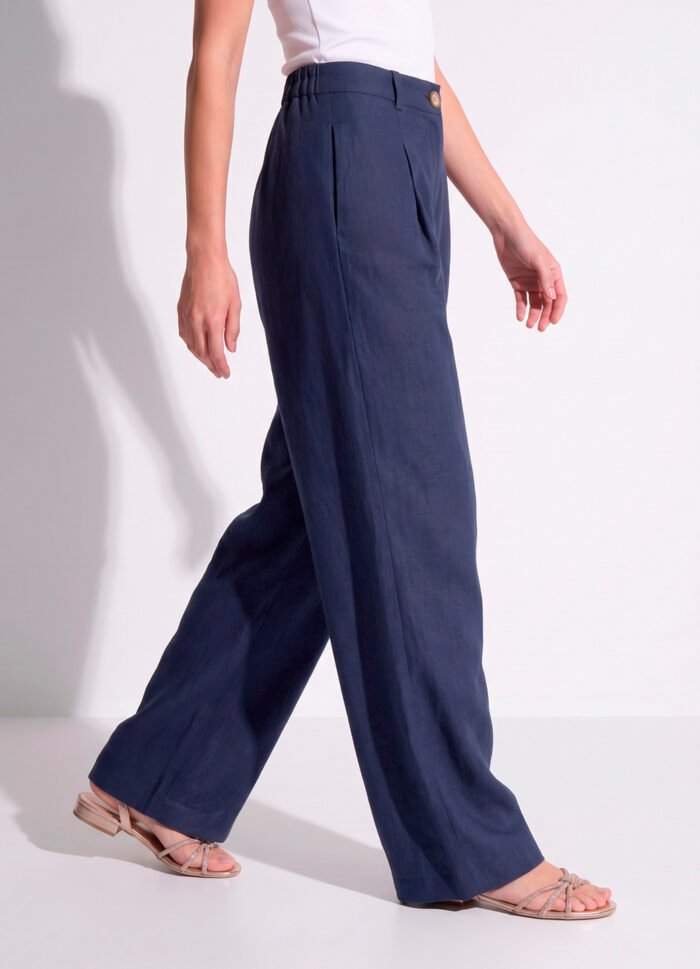 Calça Pantalona Marinho Linho com Prega e Bolso Sob - Imagem 3