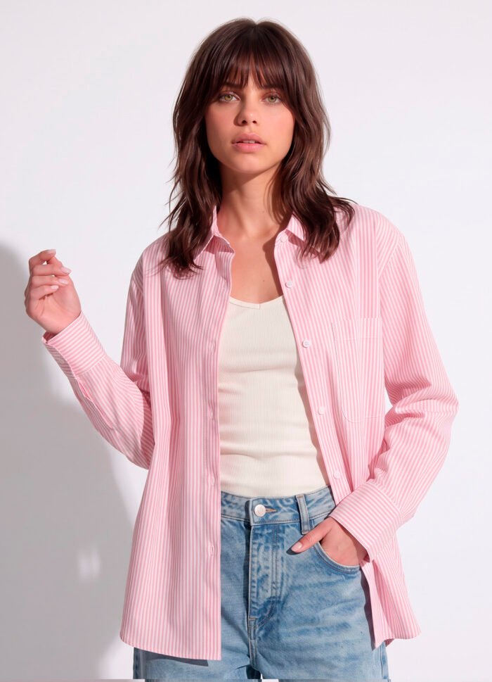 Camisa Rosa Listrada Feminina Oversized Box em Algodão Sob - Imagem 3