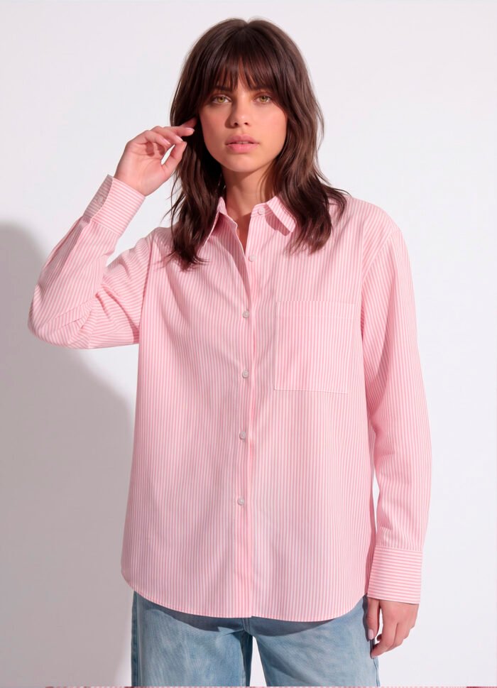 Camisa Rosa Listrada Feminina Oversized Box em Algodão Sob - Imagem 4