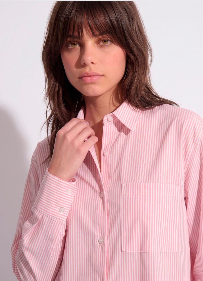 Camisa Rosa Listrada Feminina Oversized Box em Algodão Sob - Imagem 2