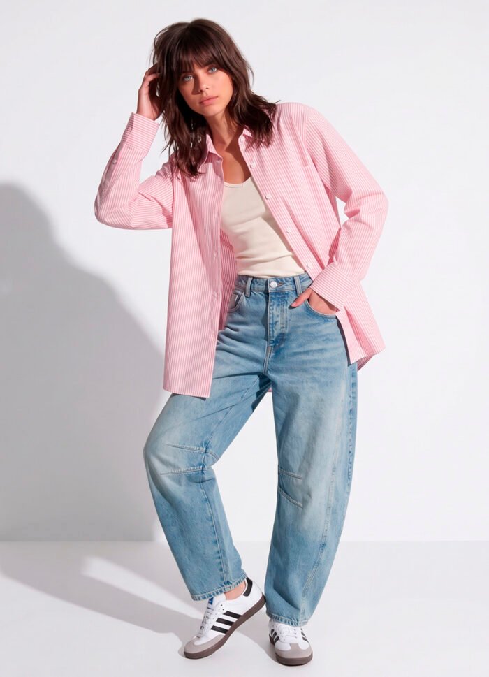 Camisa Rosa Listrada Feminina Oversized Box em Algodão Sob - Imagem 5