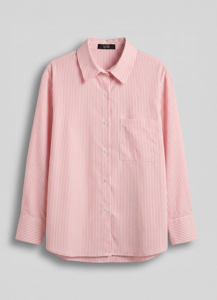 Camisa Rosa Listrada Feminina Oversized Box em Algodão Sob - Imagem 6