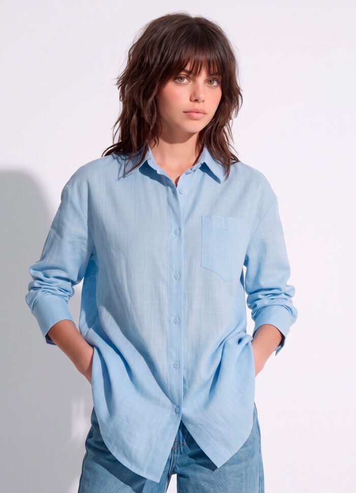 Camisa Azul Clara Feminina em Cambraia de Algodão Puro Sob - Imagem 2