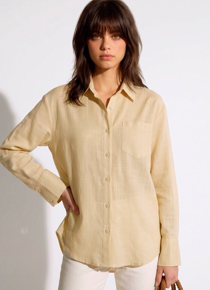Camisa Bege Feminina em Cambraia de Algodão Puro Sob - Imagem 5