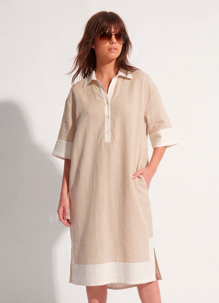 Vestido de Linho Bege Chemise Solto com Bolsos Forrado Sob - Imagem 2