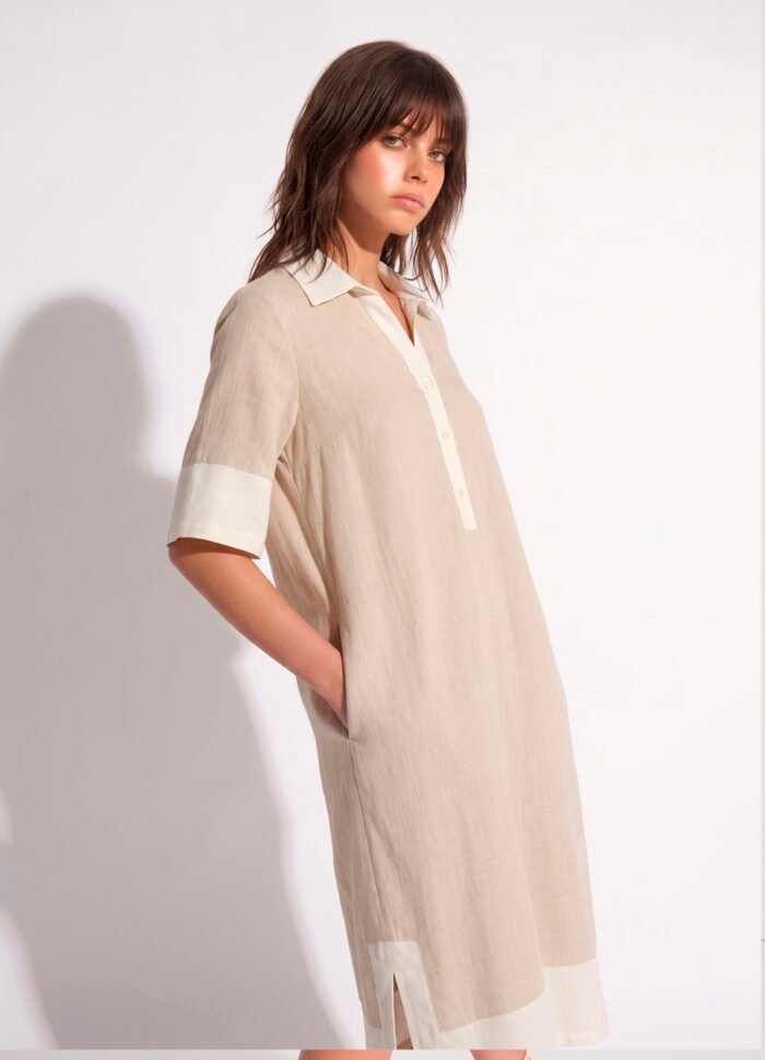 Vestido de Linho Bege Chemise Solto com Bolsos Forrado Sob - Imagem 3