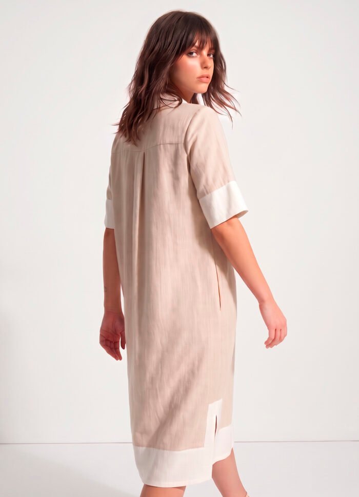 Vestido de Linho Bege Chemise Solto com Bolsos Forrado Sob - Imagem 4