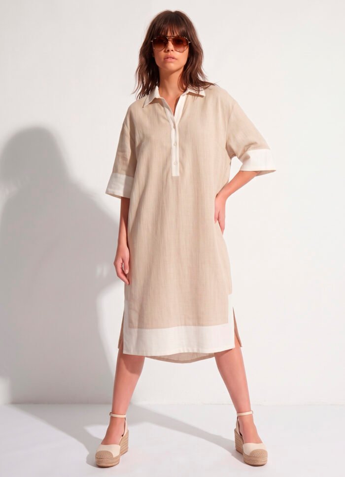 Vestido de Linho Bege Chemise Solto com Bolsos Forrado Sob - Imagem 5