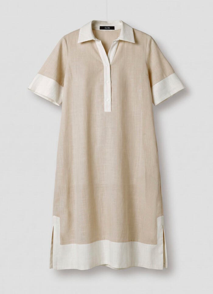 Vestido de Linho Bege Chemise Solto com Bolsos Forrado Sob - Imagem 6