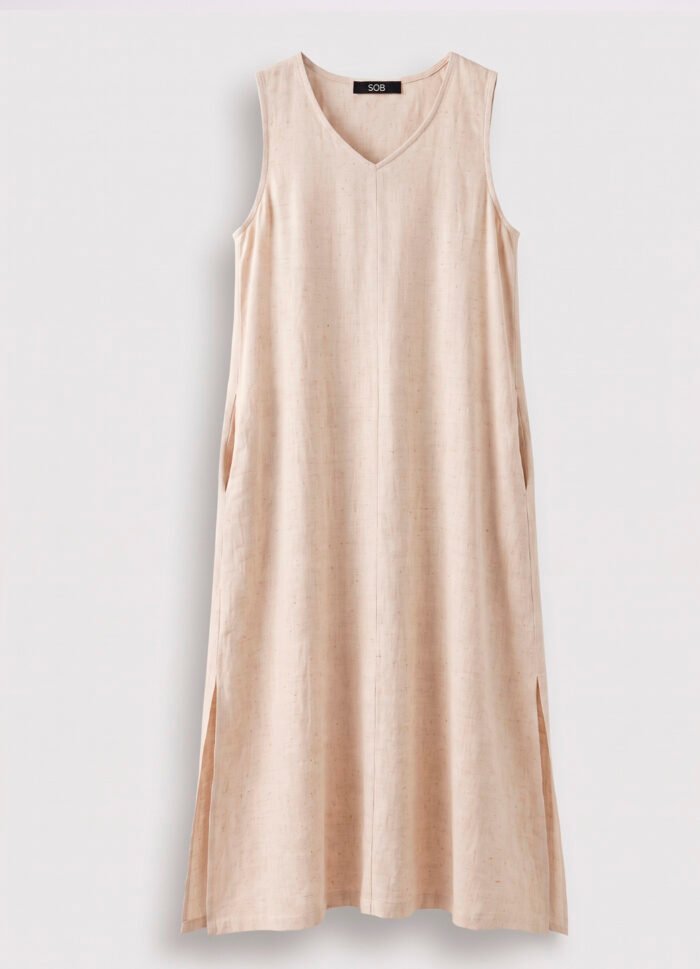 Vestido Longo de Linho Bege Areia Gola V com Bolsos Sob - Imagem 6