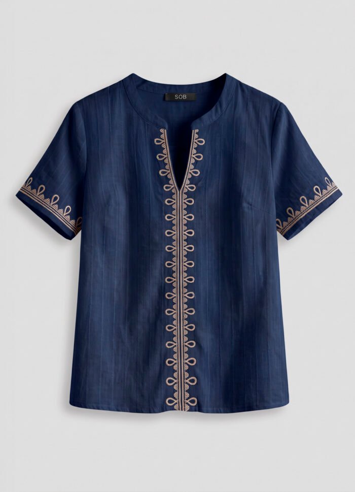 Blusa Marinho Boho Bordada em Bege Manga Curta em Algodão Sob - Imagem 7