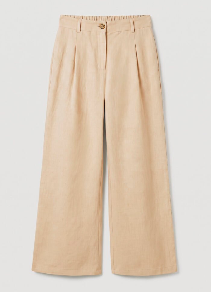 Calça Pantalona Bege Claro Linho com Prega e Bolso Sob - Imagem 6