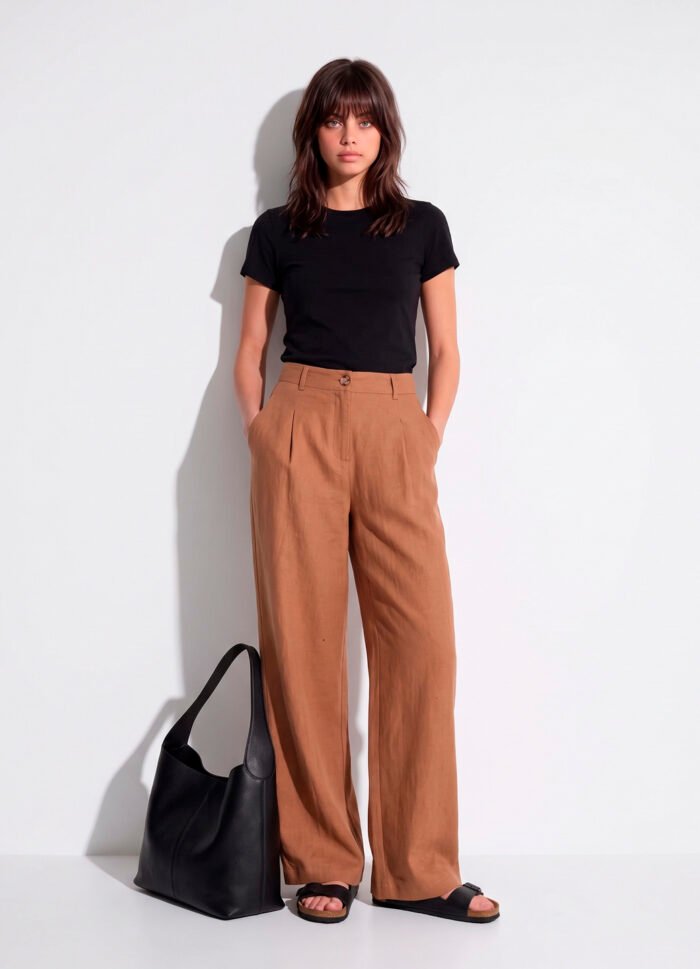 Calça Pantalona Marrom Canela Linho com Prega e Bolso Sob - Imagem 6