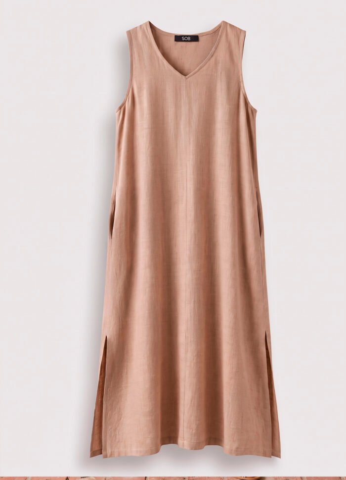 Vestido Longo de Linho Bege Mocca Gola V com Bolsos Sob - Imagem 6