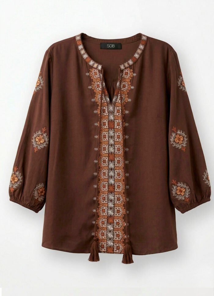 Blusa Marrom Bordada Manga 3/4 Gola Bordada Viscose Boho Sob - Imagem 3