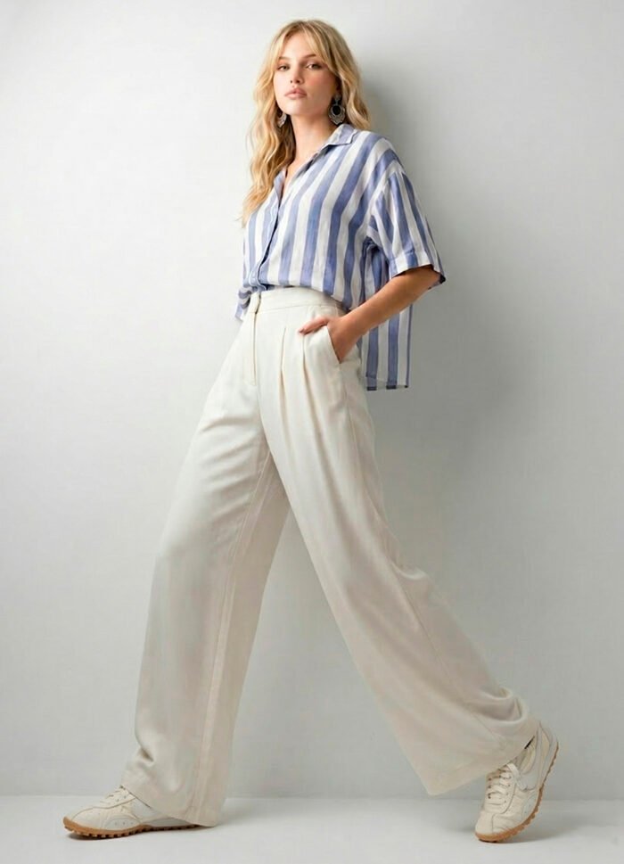 Calça Pantalona com Pregas Feminina Off White Sob com Bolsos - Imagem 2