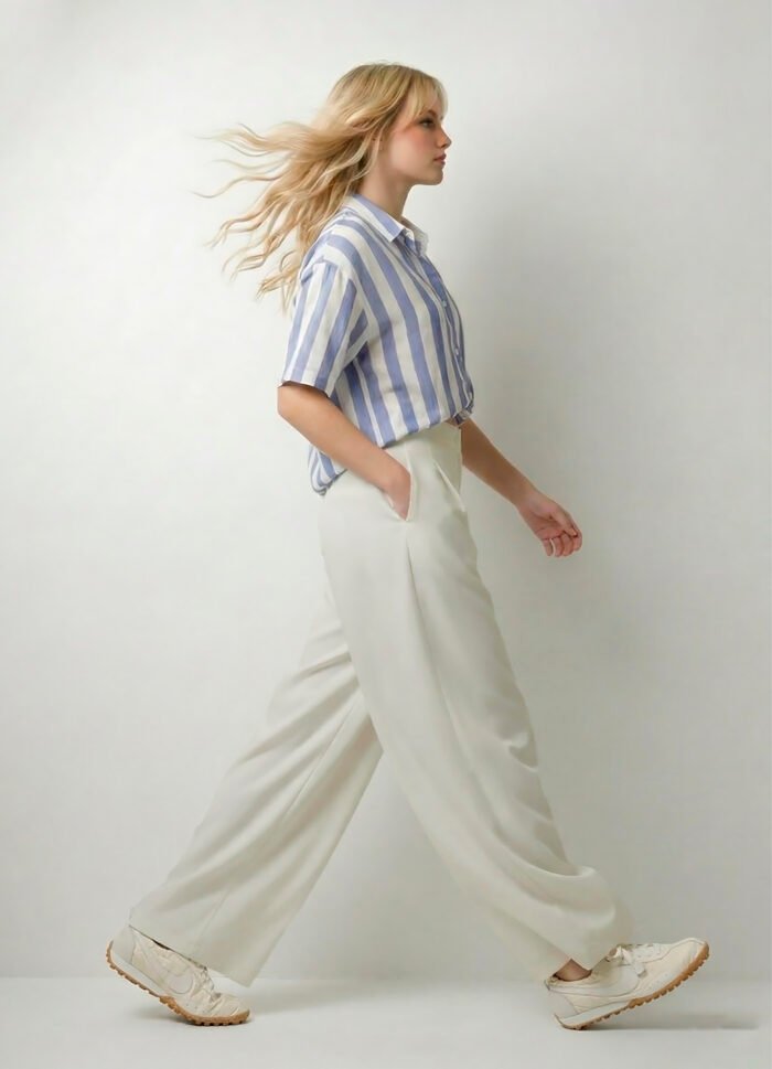 Calça Pantalona com Pregas Feminina Off White Sob com Bolsos - Imagem 4